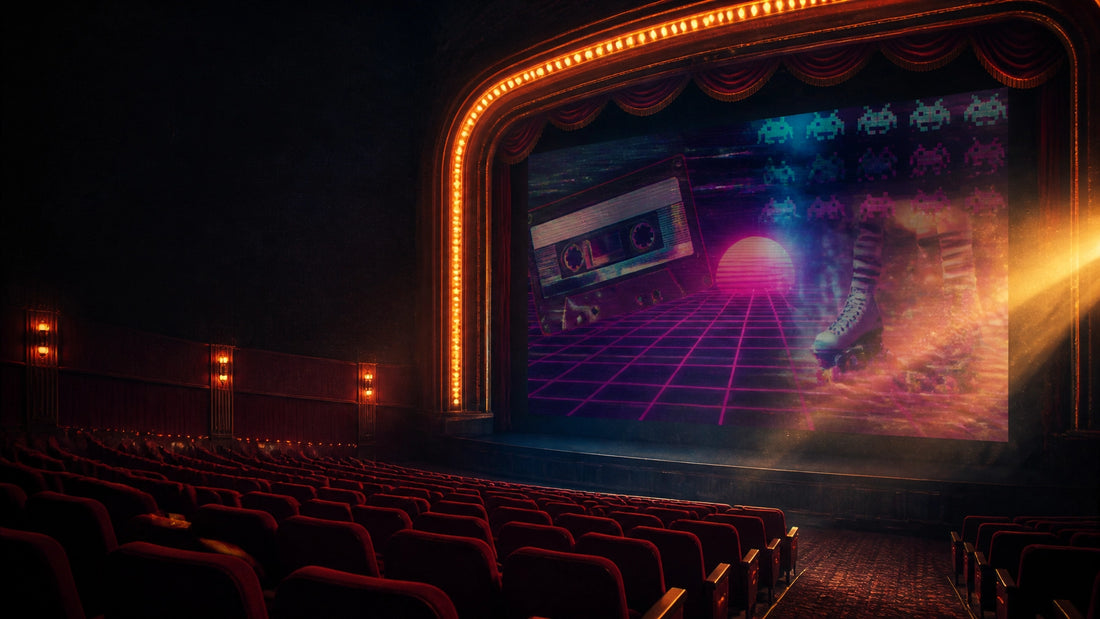 A vintage movie theater with red velvet seats, glowing marquee lights, and colorful 1980s-inspired cinema imagery